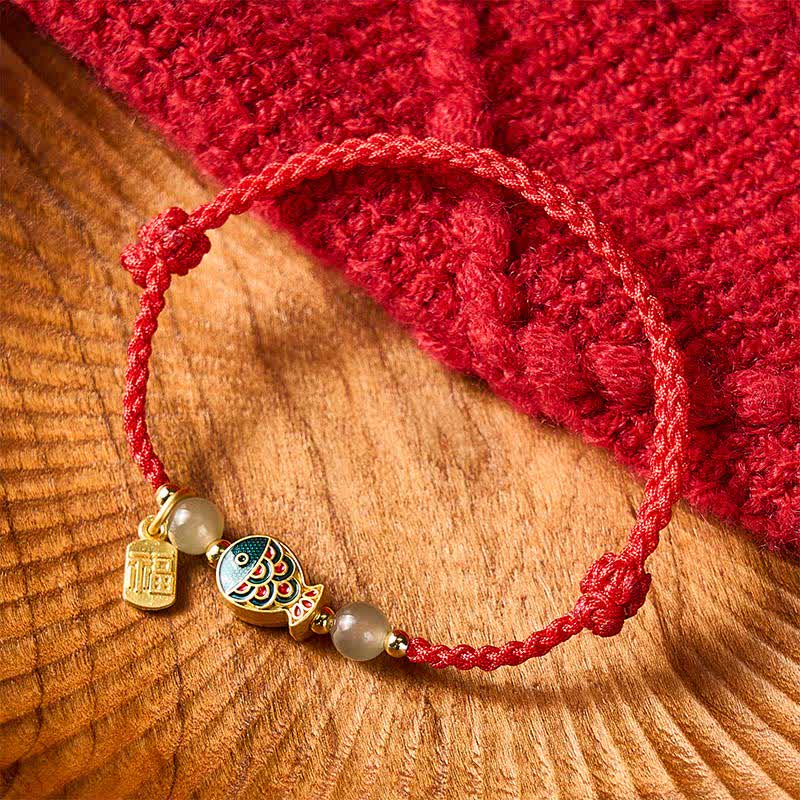 Buddha Stones Hand-Woven Koi Fish Fu Character Jade Beads Protection Rope Bracelet - Red(Wrist Circumference: 5.9–8.3 in / 15–21 cm) - image 11