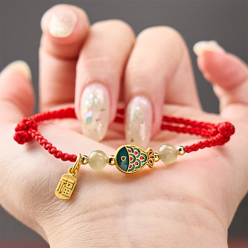 Buddha Stones Hand-Woven Koi Fish Fu Character Jade Beads Protection Rope Bracelet - image 15