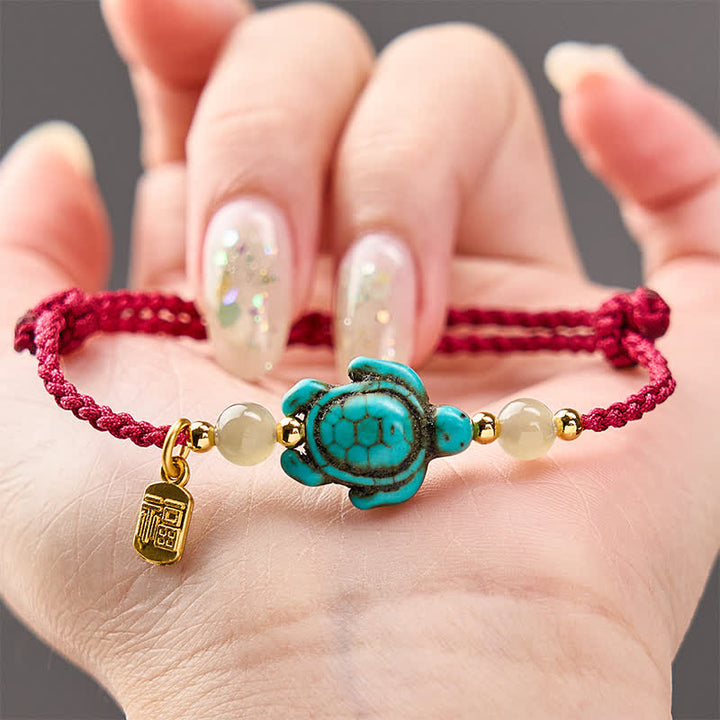 Buddha Stones Hand-Woven Turquoise Turtle Fu Character Jade Beads Luck Rope Bracelet - image 3