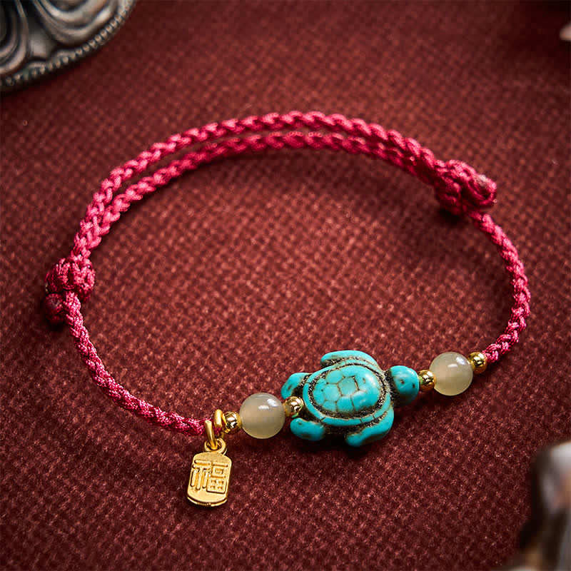 Buddha Stones Hand-Woven Turquoise Turtle Fu Character Jade Beads Luck Rope Bracelet - Dark Red(Wrist Circumference: 5.9–8.3 in / 15–21 cm) - image 0