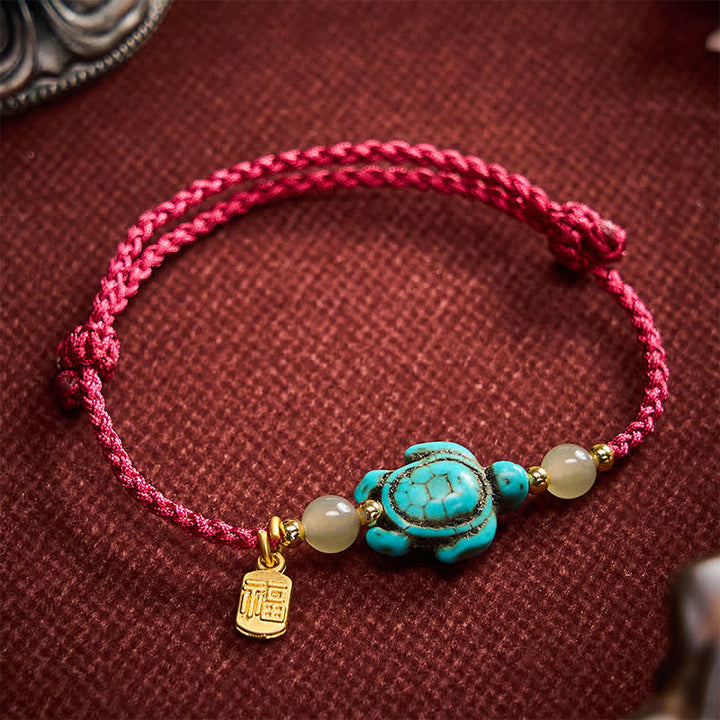 Buddha Stones Hand-Woven Turquoise Turtle Fu Character Jade Beads Luck Rope Bracelet - Dark Red(Wrist Circumference: 5.9–8.3 in / 15–21 cm) - image 0