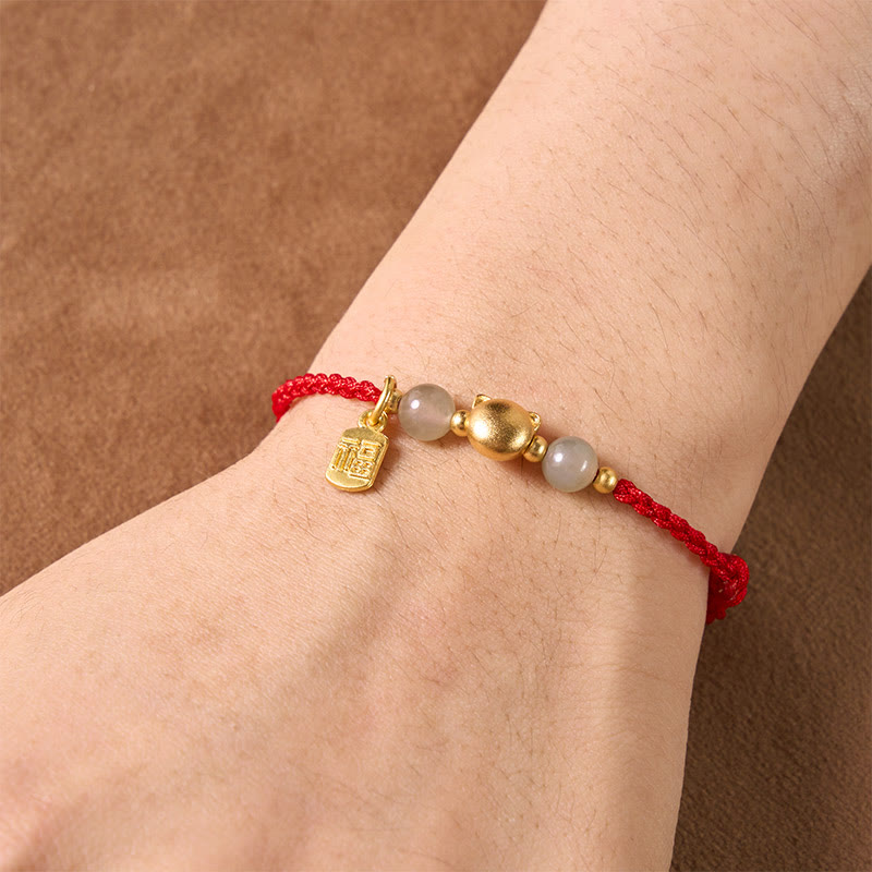 Buddha Stones Hetian Jade Fu Character Copper Cat Red String Bracelet - image 4