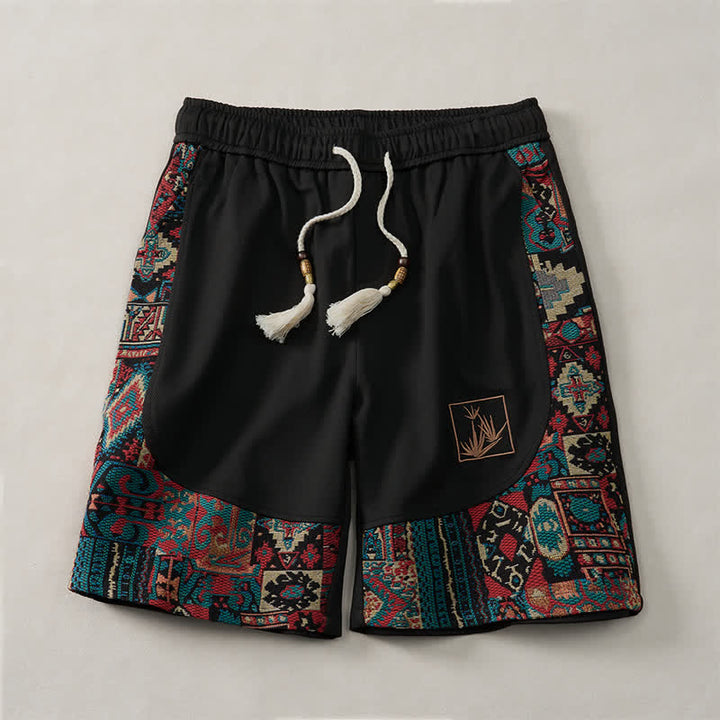 Buddha Stones Summer Boho Drawstring Elastic Waist Geometric Trim Men's Shorts With Pockets - Black - US/UK/AU46, EU56 (5XL) - image 8