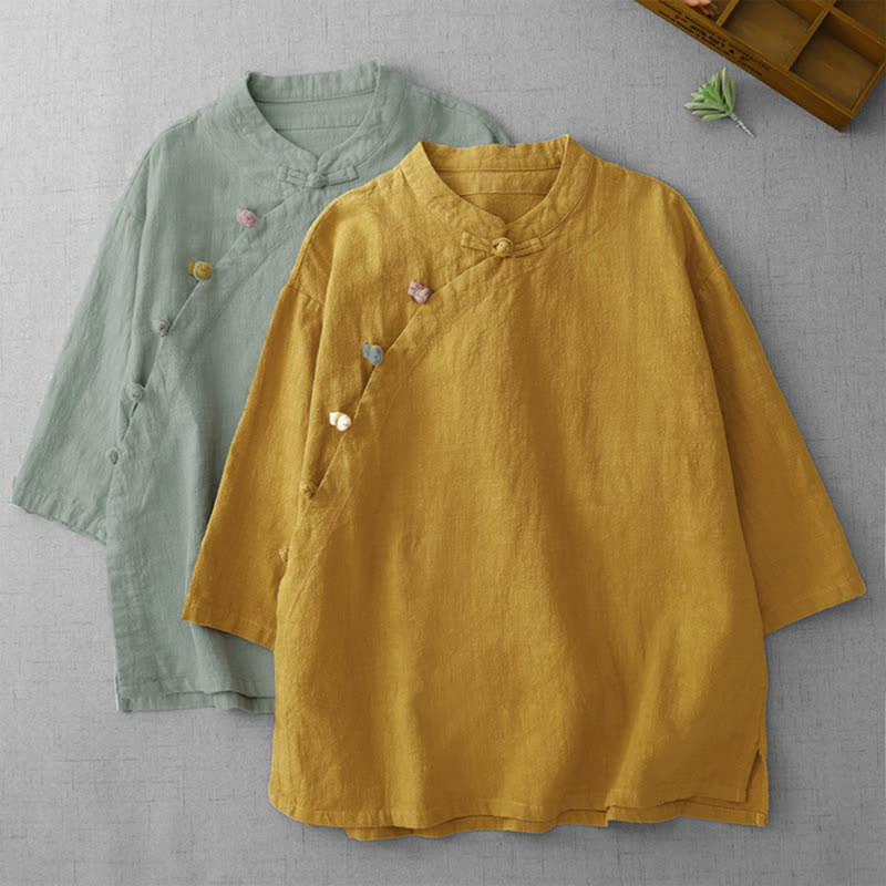 Buddha Stones Summer Tang Style Vintage Mandarin Collar Frog Button Solid Women's Elbow-Length Sleeve Shirts - image 12
