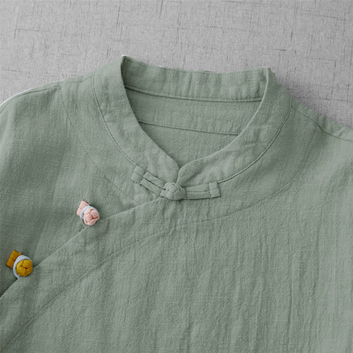 Buddha Stones Summer Tang Style Vintage Mandarin Collar Frog Button Solid Women's Elbow-Length Sleeve Shirts - image 6