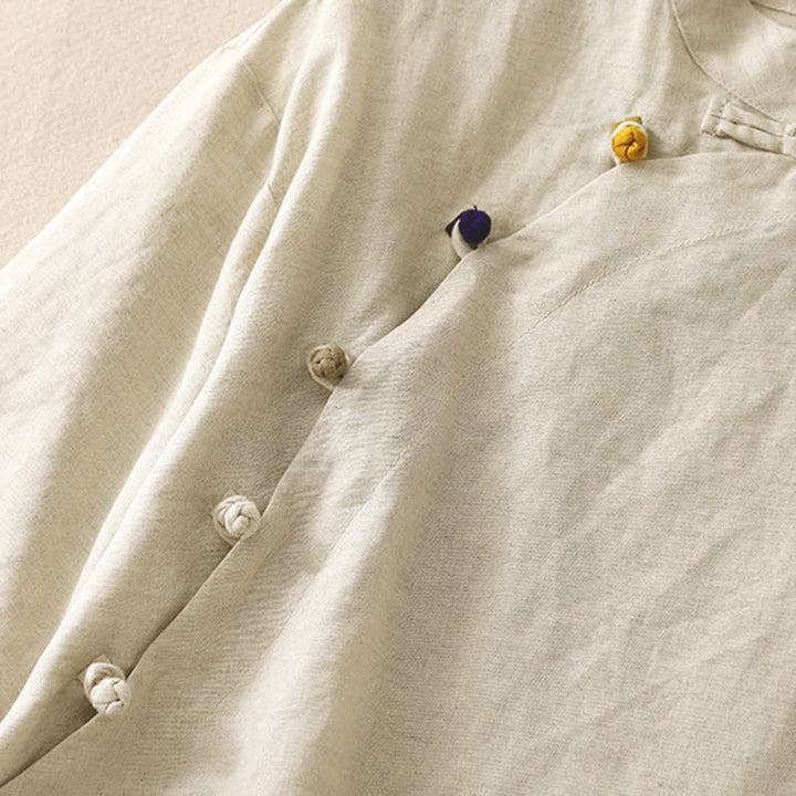 Buddha Stones Summer Tang Style Minimalist Mandarin Collar Solid Women's Short Sleeve Shirts - image 3