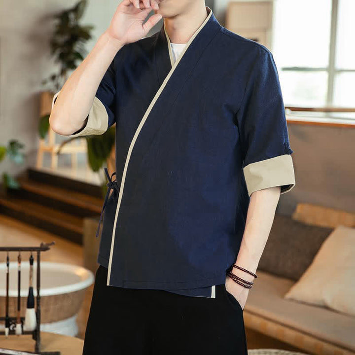 Buddha Stones Summer Tang Style Minimalist Drawstring V-Neck Solid Three-Quarter Sleeve Men's Kimono - Navy - US/UK/AU46, EU56 (5XL) - image 0