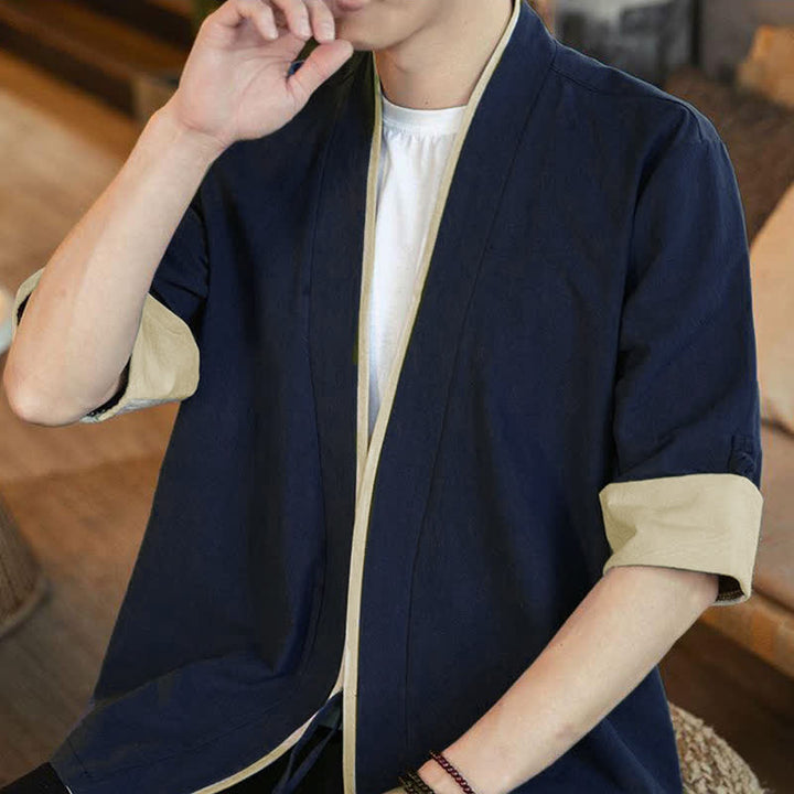 Buddha Stones Summer Tang Style Minimalist Drawstring V-Neck Solid Three-Quarter Sleeve Men's Kimono - image 4