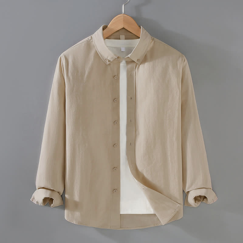 Buddha Stones Spring Fall Casual Minimalist Button-Up Solid Cotton Men's Long Sleeve Shirts - Linen - US/UK/AU42, EU52 (3XL) - image 0