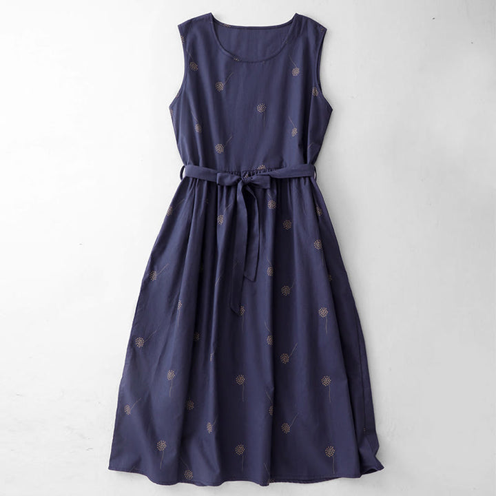 Buddha Stones MidnightBlue Printing Lace-Up Design Sleeveless Midi Dress With Pockets - MidnightBlue - US8-10，UK/AU12-14，EU40-42 (2XL) - image 0