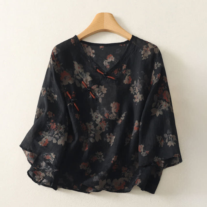 Buddha Stones Summer Tang Style Vintage Frog Button V-Neck Floral Women's Elbow-Length Sleeve Shirts - Black - US12, UK/AU16, EU44 (3XL) - image 0