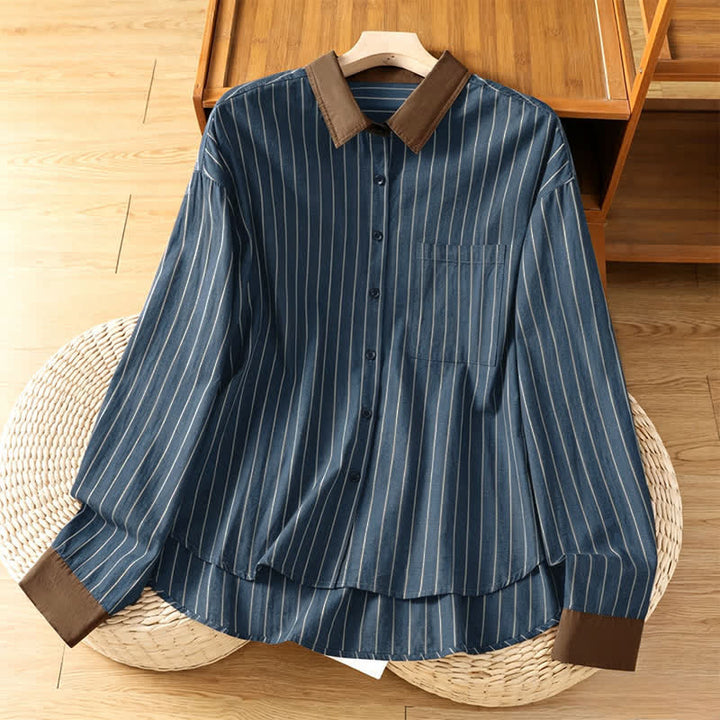 Buddha Stones Spring Summer Casual Minimalist Button-Up Striped Contrast Trim Women's Long Sleeve Shirts With Patch Pocket - SteelBlue - US12, UK/AU16, EU44 (2XL) - image 10
