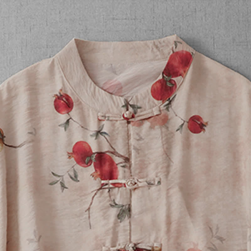 Buddha Stones Summer Tang Style Vintage Frog Button Pomegranate Print Women's Long Sleeve Shirts - image 2