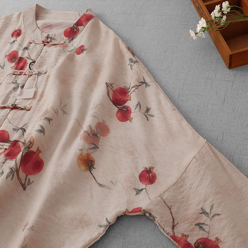 Buddha Stones Summer Tang Style Vintage Frog Button Pomegranate Print Women's Short Sleeve Shirts - image 5