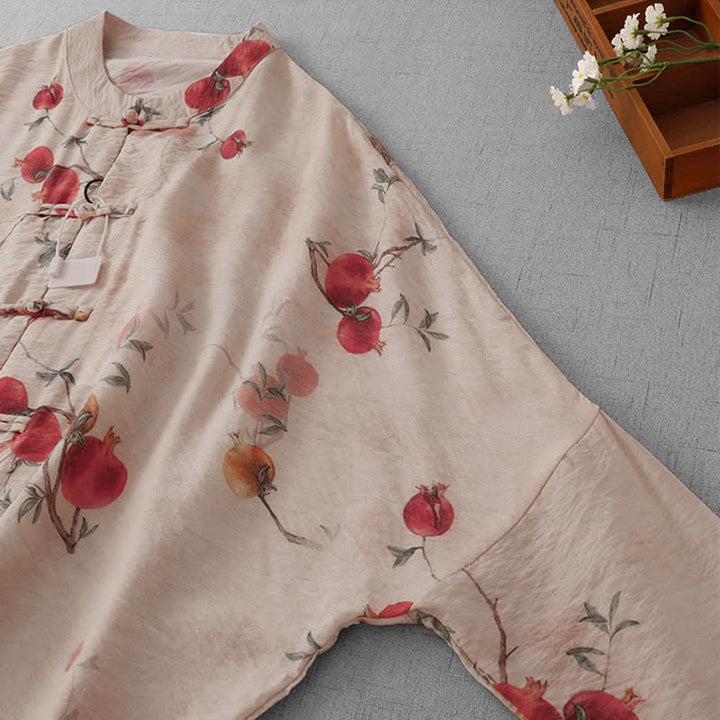 Buddha Stones Summer Tang Style Vintage Frog Button Pomegranate Print Women's Long Sleeve Shirts - image 5