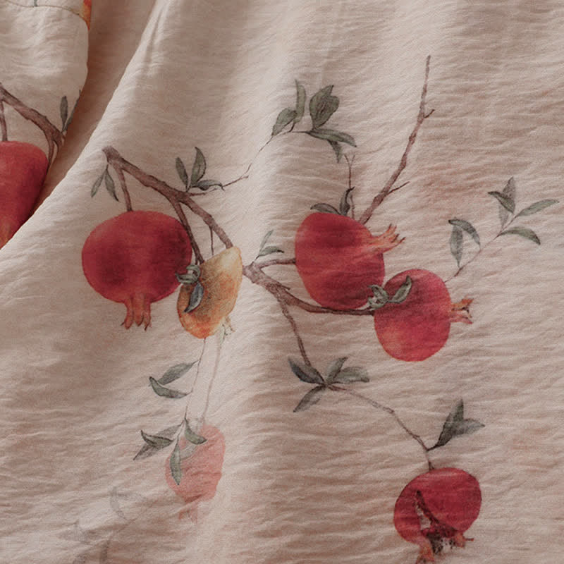 Buddha Stones Summer Tang Style Vintage Frog Button Pomegranate Print Women's Long Sleeve Shirts - image 9