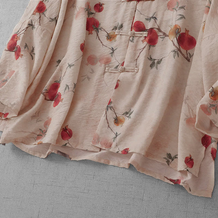 Buddha Stones Summer Tang Style Vintage Frog Button Pomegranate Print Women's Long Sleeve Shirts - image 4
