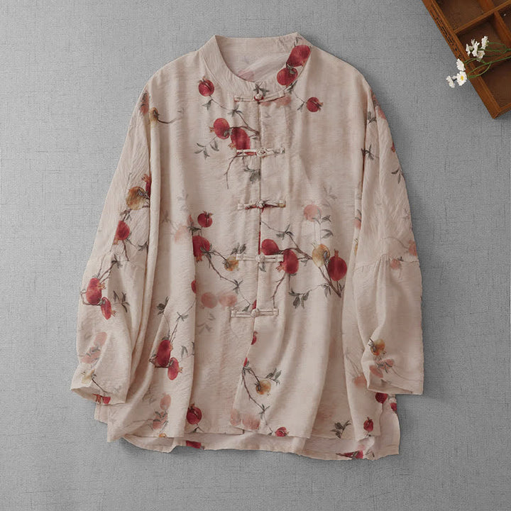 Buddha Stones Summer Tang Style Vintage Frog Button Pomegranate Print Women's Long Sleeve Shirts - Beige - US14, UK/AU18, EU46 (2XL) - image 0