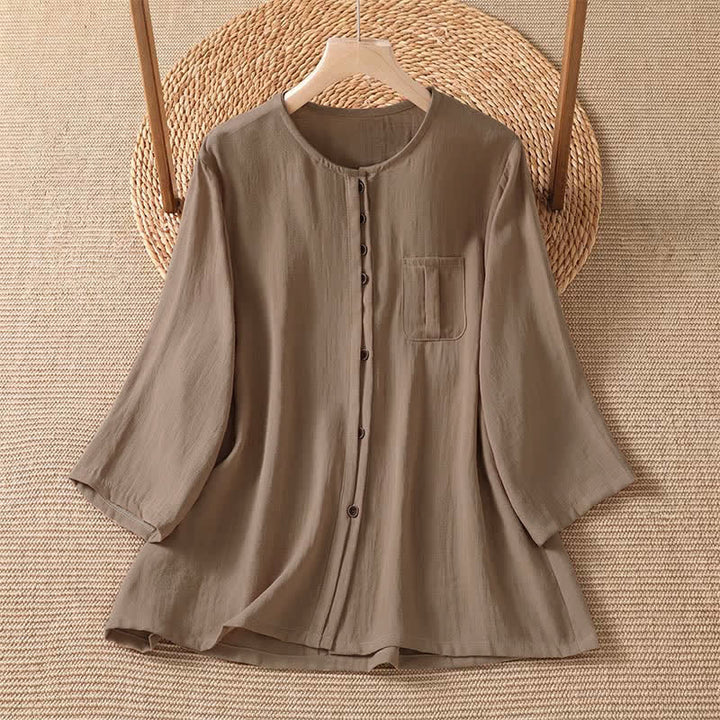 Buddha Stones Spring Casual Minimalist Button-Up Solid Women's Three-Quarter Sleeve Shirts With Patch Pocket - Tan - US4-8/10，UK/AU8-12/14，EU36-40/42 (F) - image 7