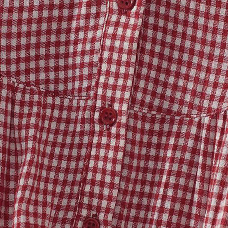 Buddha Stones Summer Casual Vintage Button-Up Red Plaid Crew Neck Women's Short Sleeve Shirts - image 7