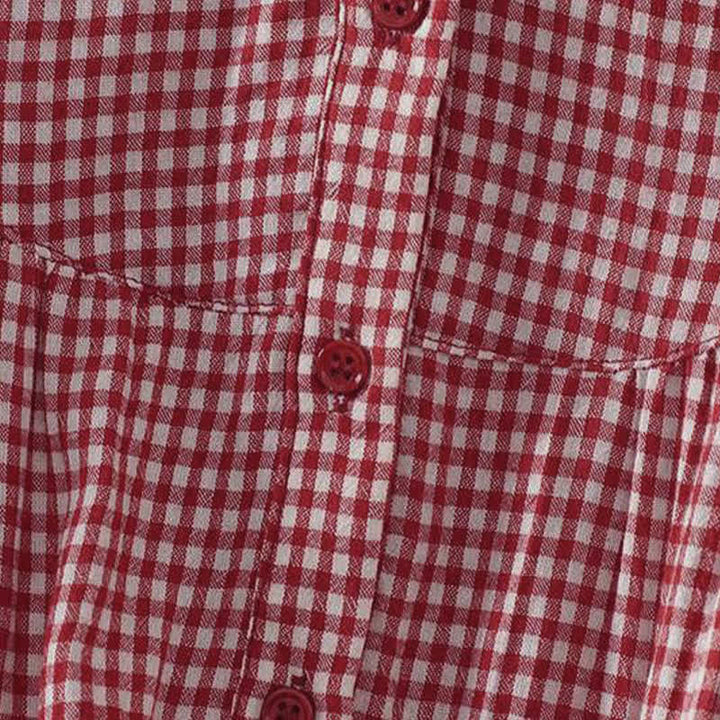 Buddha Stones Summer Casual Vintage Button-Up Red Plaid Crew Neck Women's Short Sleeve Shirts - image 7