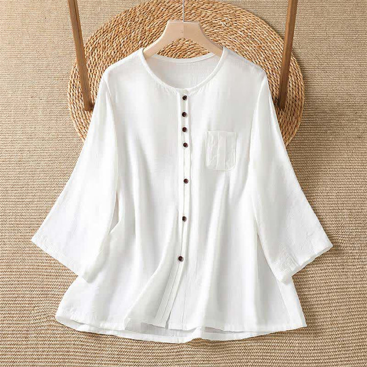 Buddha Stones Spring Casual Minimalist Button-Up Solid Women's Three-Quarter Sleeve Shirts With Patch Pocket - White - US4-8/10，UK/AU8-12/14，EU36-40/42 (F) - image 29
