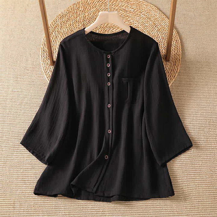 Buddha Stones Spring Casual Minimalist Button-Up Solid Women's Three-Quarter Sleeve Shirts With Patch Pocket - Black - US4-8/10，UK/AU8-12/14，EU36-40/42 (F) - image 22