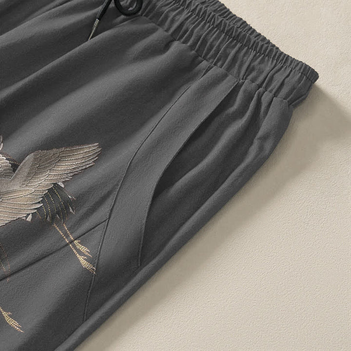 Buddha Stones Pure Cotton Flying Crane Lotus Pattern Drawstring Men's Tapered Pants With Pockets - image 4