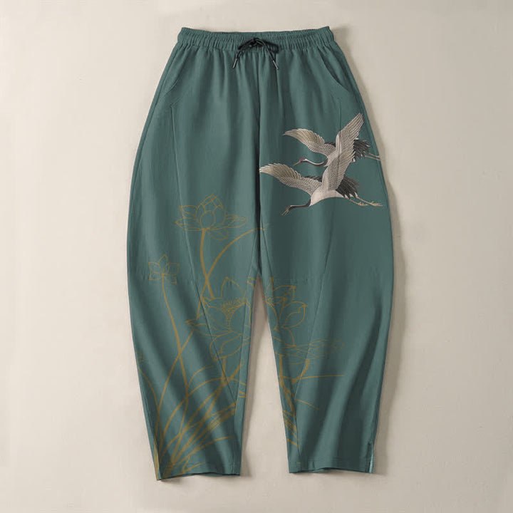 Buddha Stones Pure Cotton Flying Crane Lotus Pattern Drawstring Men's Tapered Pants With Pockets - image 13