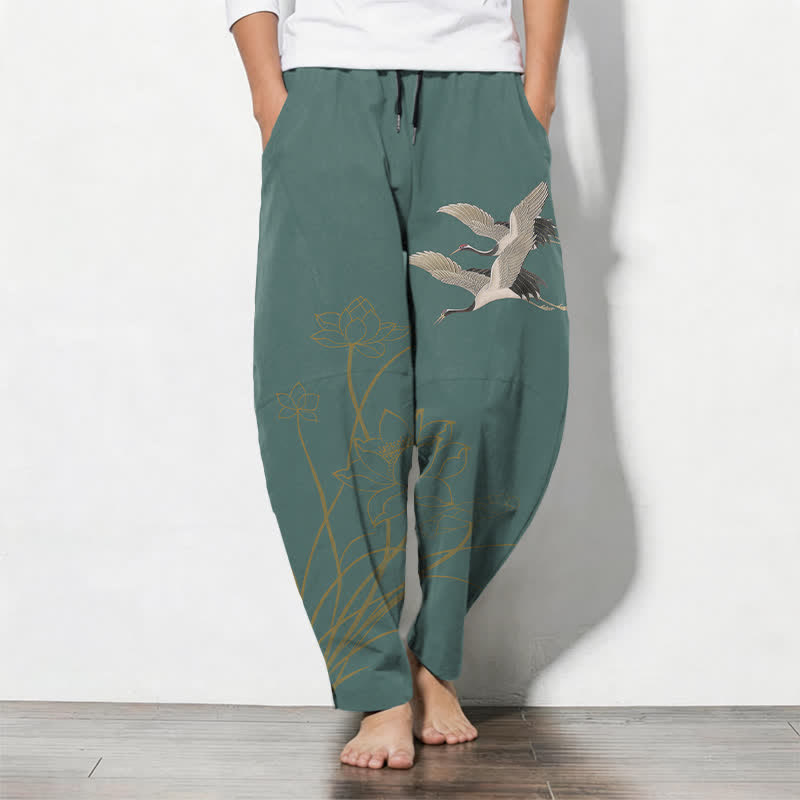 Buddha Stones Pure Cotton Flying Crane Lotus Pattern Drawstring Men's Tapered Pants With Pockets - Teal - US/UK/AU50，EU60 (5XL) - image 11