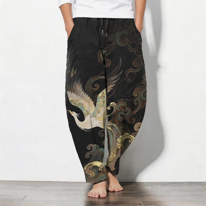 Buddha Stones Pure Cotton Crane Cloud Wave Pattern Drawstring Men's Tapered Pants With Pockets - Black - US/UK/AU50，EU60 (5XL) - image 0