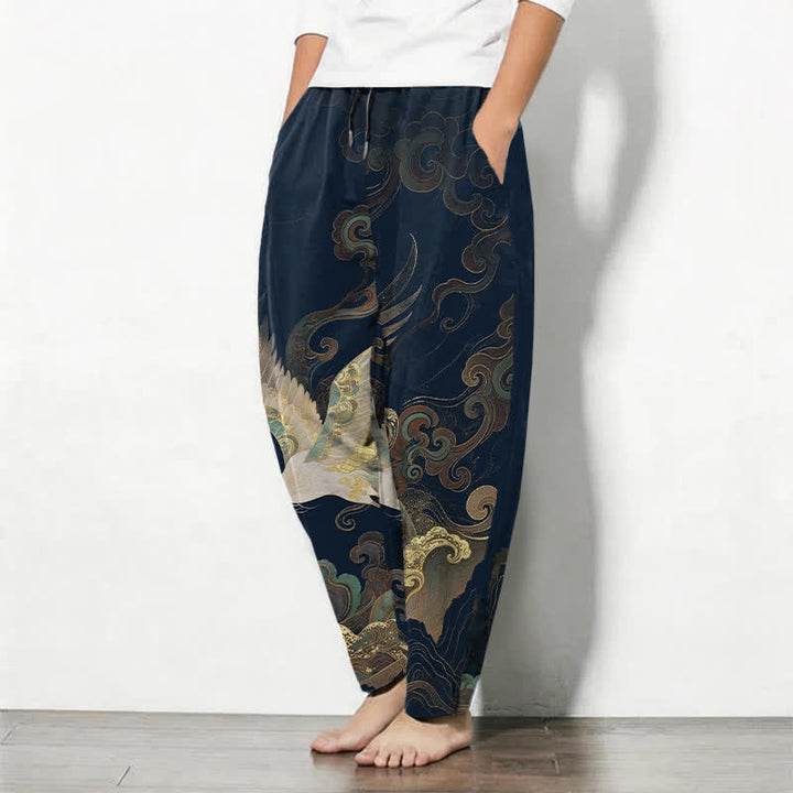 Buddha Stones Pure Cotton Crane Cloud Wave Pattern Drawstring Men's Tapered Pants With Pockets - image 8