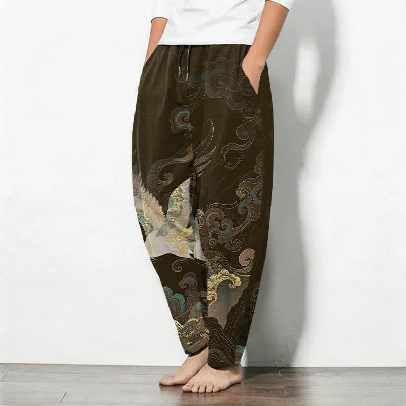 Buddha Stones Pure Cotton Crane Cloud Wave Pattern Drawstring Men's Tapered Pants With Pockets - image 12
