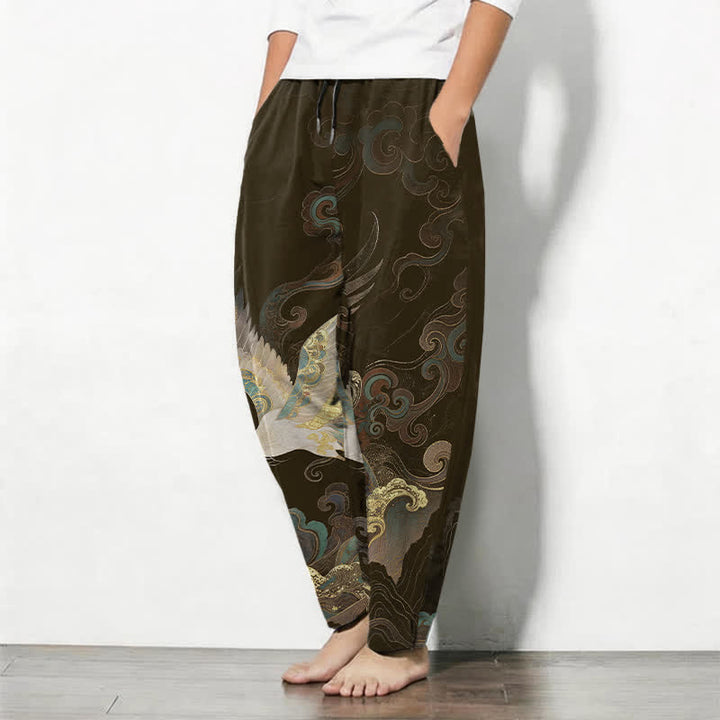 Buddha Stones Pure Cotton Crane Cloud Wave Pattern Drawstring Men's Tapered Pants With Pockets - image 12