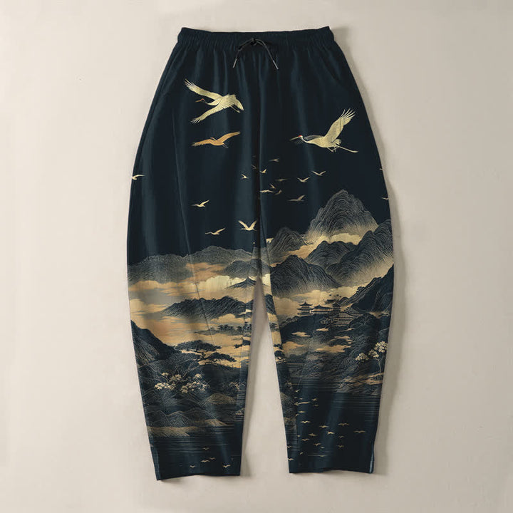 Buddha Stones Pure Cotton Cloud Mountain Crane Pattern Drawstring Men's Tapered Pants With Pockets - image 2