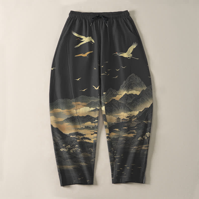 Buddha Stones Pure Cotton Cloud Mountain Crane Pattern Drawstring Men's Tapered Pants With Pockets - image 9