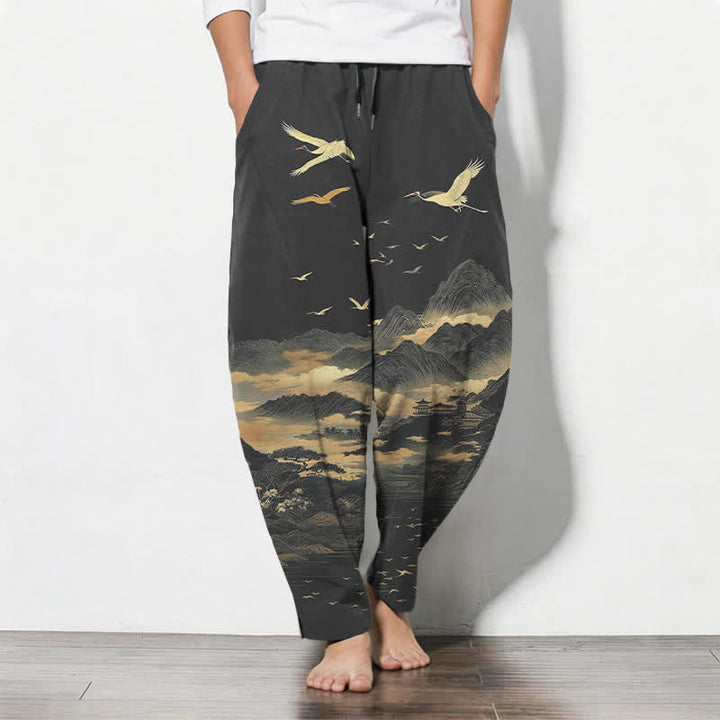 Buddha Stones Pure Cotton Cloud Mountain Crane Pattern Drawstring Men's Tapered Pants With Pockets - DimGray - US/UK/AU50，EU60 (5XL) - image 7