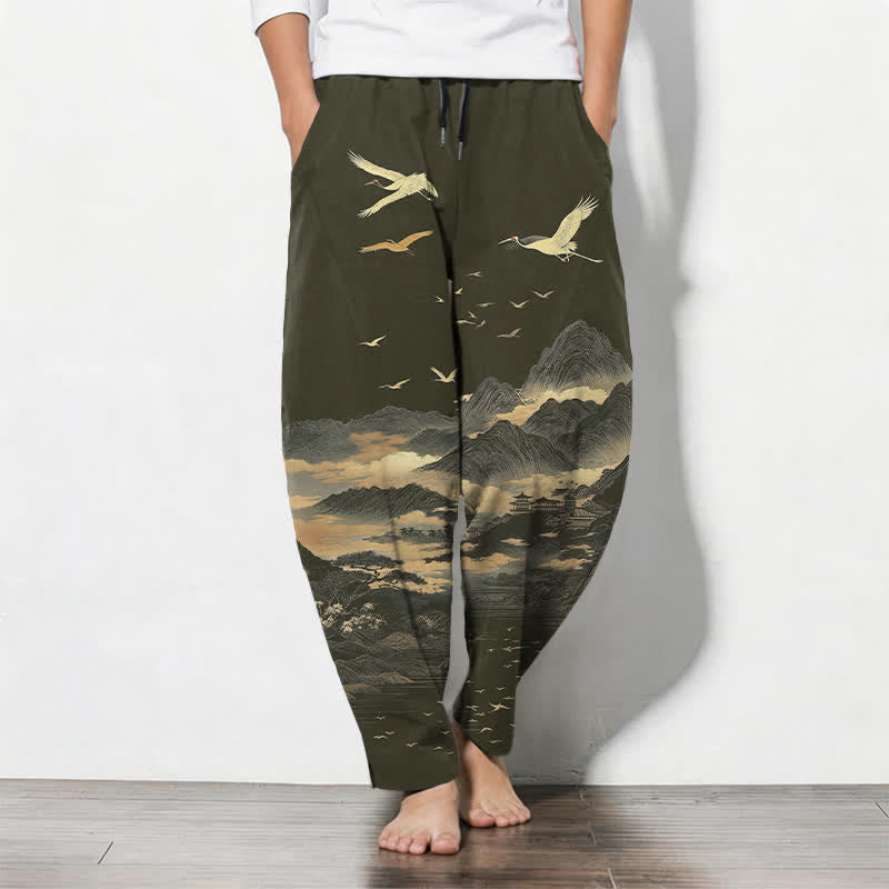 Buddha Stones Pure Cotton Cloud Mountain Crane Pattern Drawstring Men's Tapered Pants With Pockets - DarkOliveGreen - US/UK/AU50，EU60 (5XL) - image 11