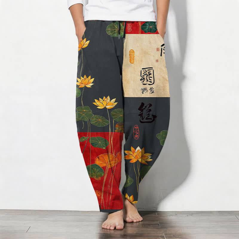 Buddha Stones Pure Cotton Lotus Calligraphy Patchwork Pattern Drawstring Men's Tapered Pants With Pockets - SlateGray - US/UK/AU50，EU60 (5XL) - image 0