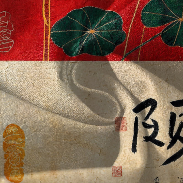 Buddha Stones Pure Cotton Lotus Calligraphy Patchwork Pattern Drawstring Men's Tapered Pants With Pockets - image 6