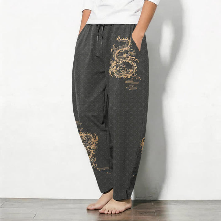 Buddha Stones Pure Cotton Golden Dragon Pattern Drawstring Men's Tapered Pants With Pockets - image 1