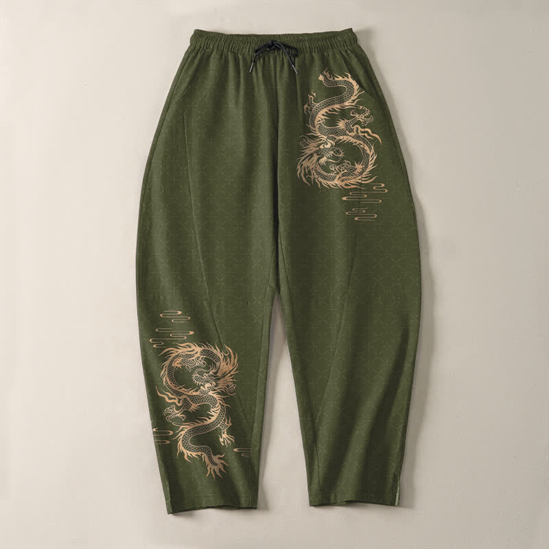 Buddha Stones Pure Cotton Golden Dragon Pattern Drawstring Men's Tapered Pants With Pockets - image 9