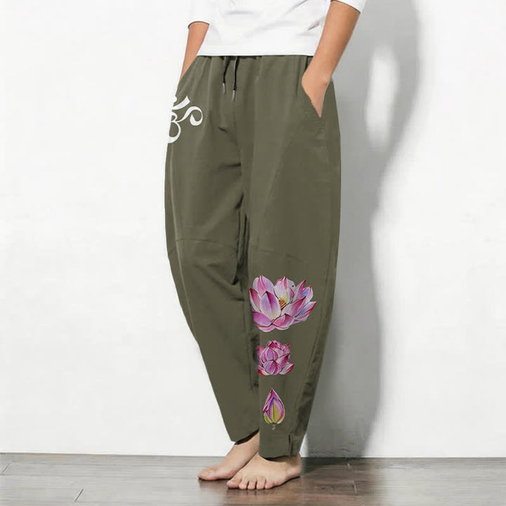 Buddha Stones Pure Cotton Pink Lotus Om Pattern Drawstring Men's Tapered Pants With Pockets - image 1