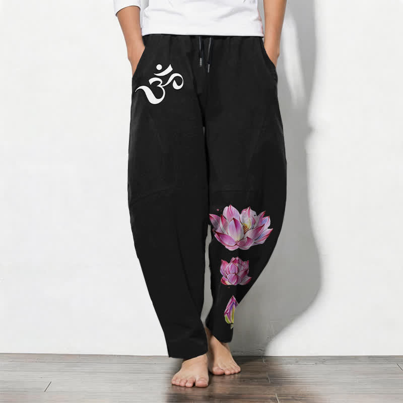Buddha Stones Pure Cotton Pink Lotus Om Pattern Drawstring Men's Tapered Pants With Pockets - Black - US/UK/AU50，EU60 (5XL) - image 11