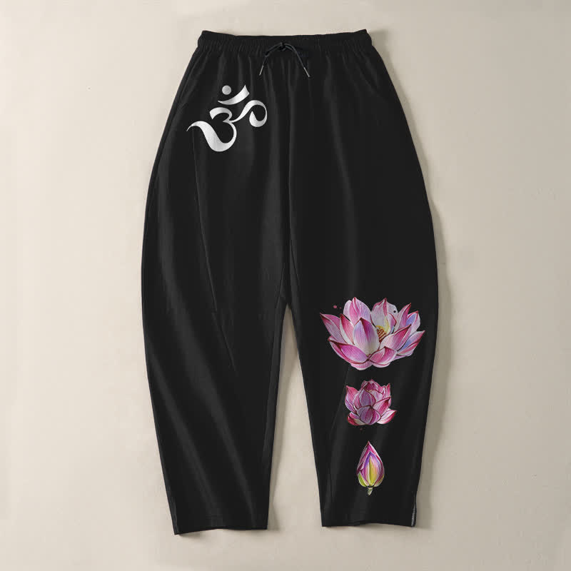 Buddha Stones Pure Cotton Pink Lotus Om Pattern Drawstring Men's Tapered Pants With Pockets - image 13
