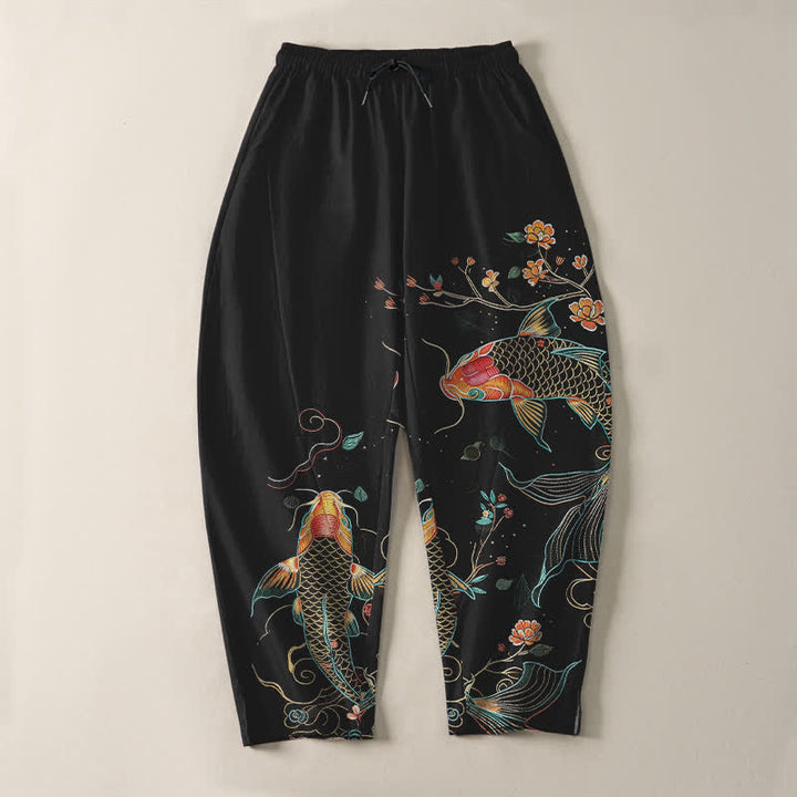 Buddha Stones Pure Cotton Koi Fish Floral Pattern Drawstring Men's Tapered Pants With Pockets - image 2