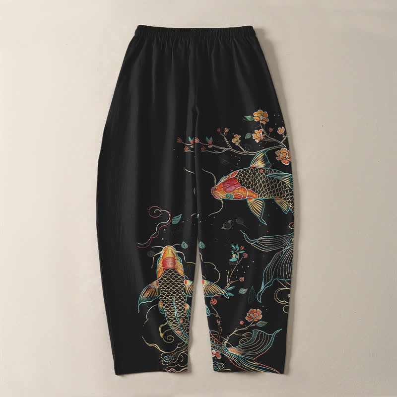 Buddha Stones Pure Cotton Koi Fish Floral Pattern Drawstring Men's Tapered Pants With Pockets - image 3