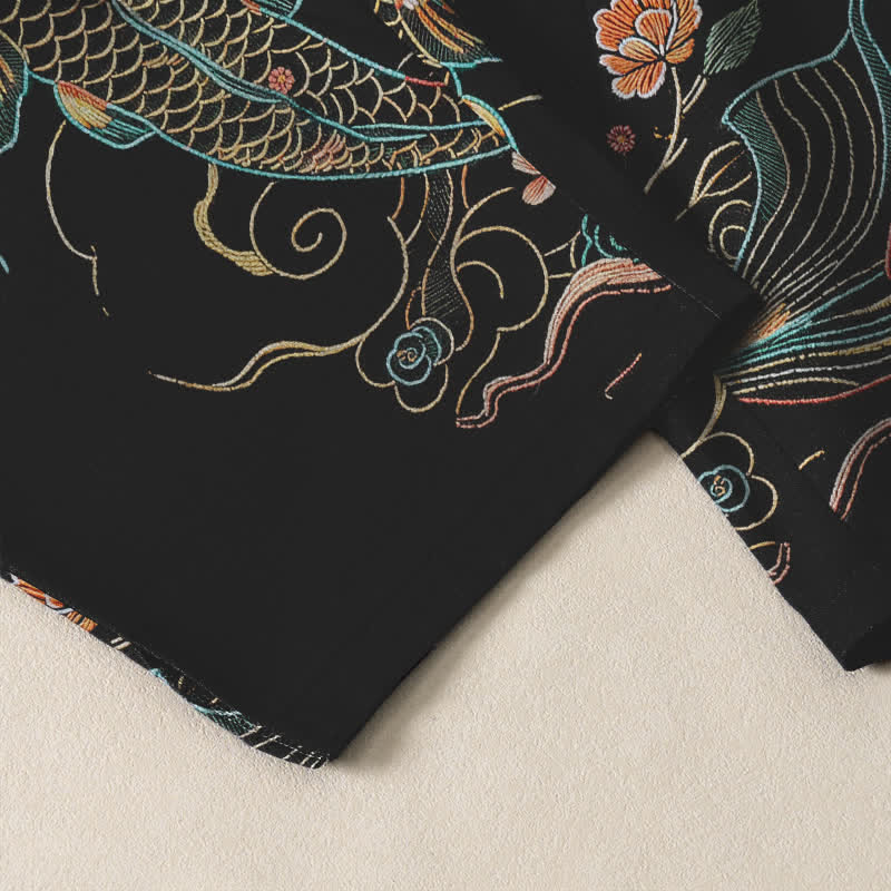 Buddha Stones Pure Cotton Koi Fish Floral Pattern Drawstring Men's Tapered Pants With Pockets - image 5