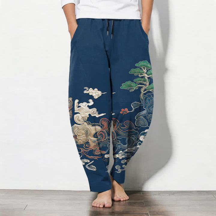 Buddha Stones Pure Cotton Cloud Pine Wave Pattern Drawstring Men's Tapered Pants With Pockets - Navy - US/UK/AU50，EU60 (5XL) - image 7