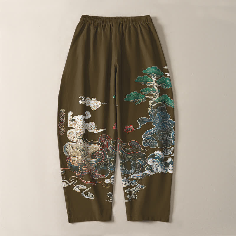 Buddha Stones Pure Cotton Cloud Pine Wave Pattern Drawstring Men's Tapered Pants With Pockets - image 14